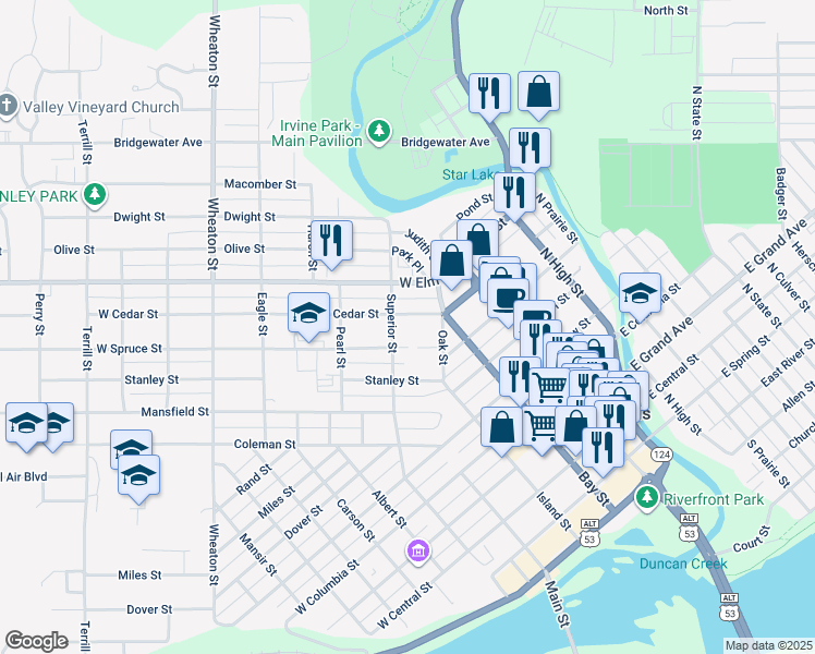 map of restaurants, bars, coffee shops, grocery stores, and more near 127 West Cedar Street in Chippewa Falls