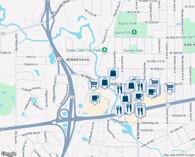 map of restaurants, bars, coffee shops, grocery stores, and more near 8824 West 36th Street in Minneapolis