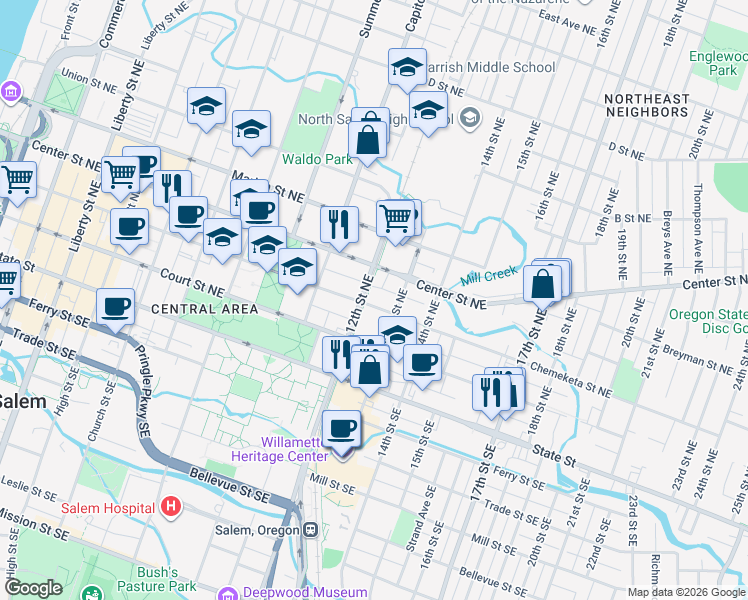 map of restaurants, bars, coffee shops, grocery stores, and more near 1225 Chemeketa Street Northeast in Salem