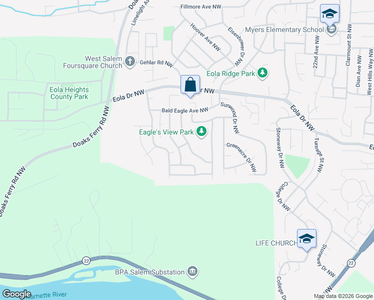 map of restaurants, bars, coffee shops, grocery stores, and more near 383 Stellers Eagle Street Northwest in Salem