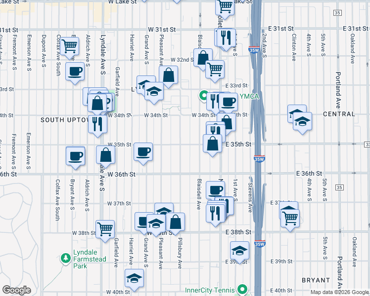 map of restaurants, bars, coffee shops, grocery stores, and more near 3444 Blaisdell Avenue in Minneapolis