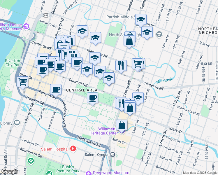 map of restaurants, bars, coffee shops, grocery stores, and more near 255 Capitol Street Northeast in Salem