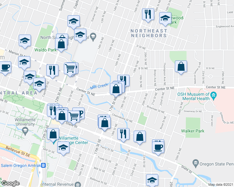 map of restaurants, bars, coffee shops, grocery stores, and more near Center Street Northeast & 17th Street Northeast in Salem