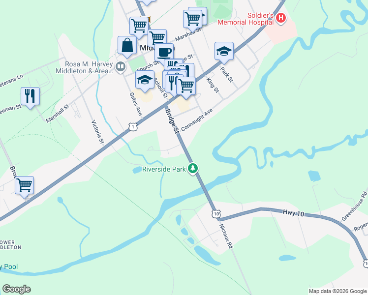 map of restaurants, bars, coffee shops, grocery stores, and more near Bridge Street in Middleton