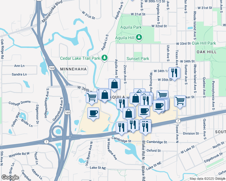 map of restaurants, bars, coffee shops, grocery stores, and more near 3528 Aquila Circle in Saint Louis Park