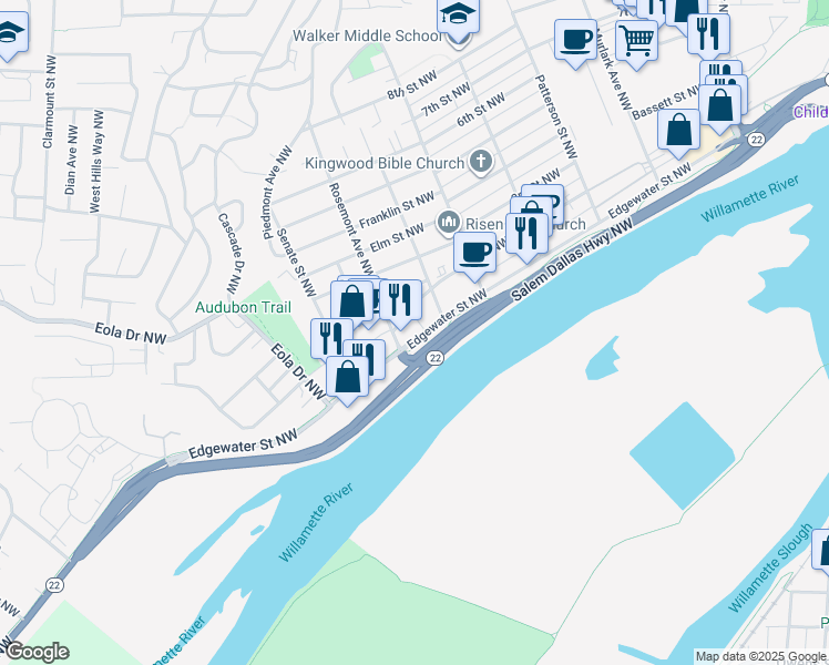 map of restaurants, bars, coffee shops, grocery stores, and more near 1353 2nd Street Northwest in Salem