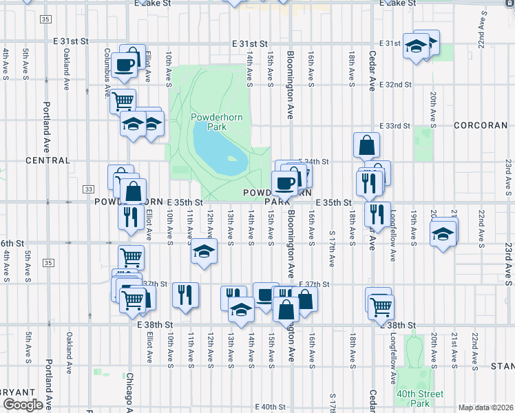 map of restaurants, bars, coffee shops, grocery stores, and more near 3502 14th Avenue South in Minneapolis