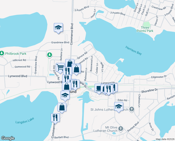 map of restaurants, bars, coffee shops, grocery stores, and more near 2152 Belmont Lane in Mound