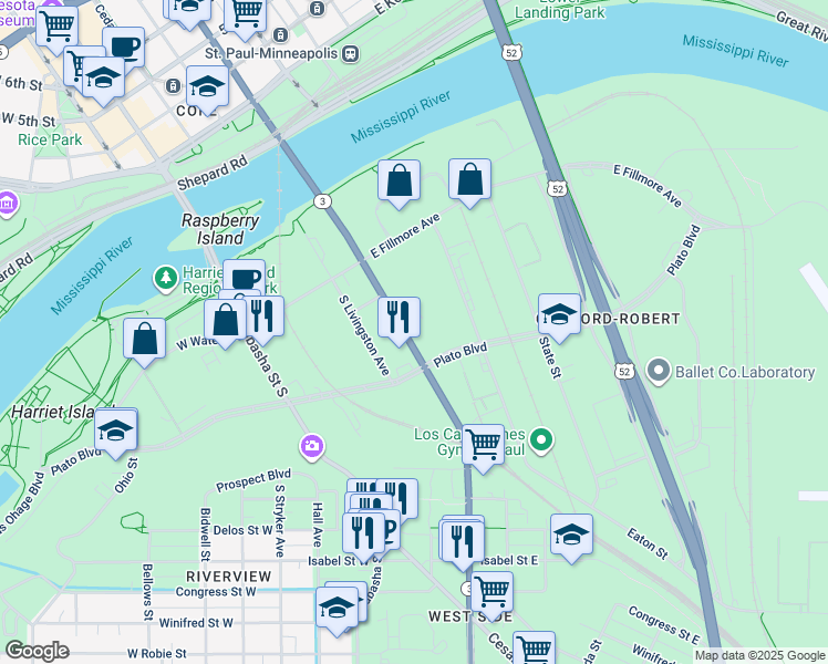 map of restaurants, bars, coffee shops, grocery stores, and more near 176 South Robert Street in Saint Paul