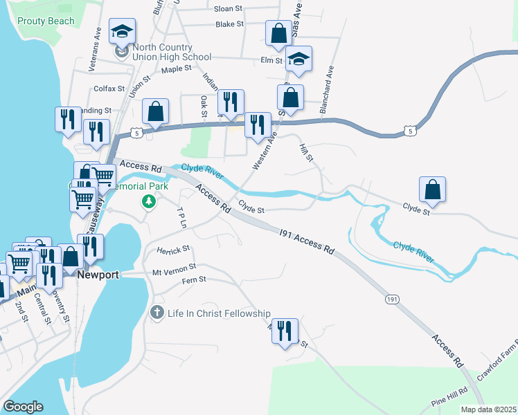 map of restaurants, bars, coffee shops, grocery stores, and more near 91 Clyde Street in Newport