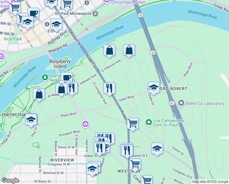 map of restaurants, bars, coffee shops, grocery stores, and more near 176 South Robert Street in Saint Paul