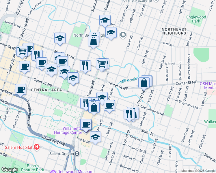 map of restaurants, bars, coffee shops, grocery stores, and more near 1313-1315 Center Street Northeast in Salem