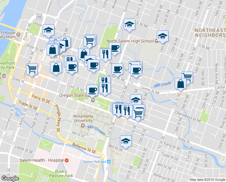 map of restaurants, bars, coffee shops, grocery stores, and more near 1133 Chemeketa Street Northeast in Salem