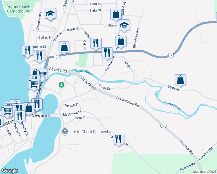 map of restaurants, bars, coffee shops, grocery stores, and more near 91 Clyde Street in Newport