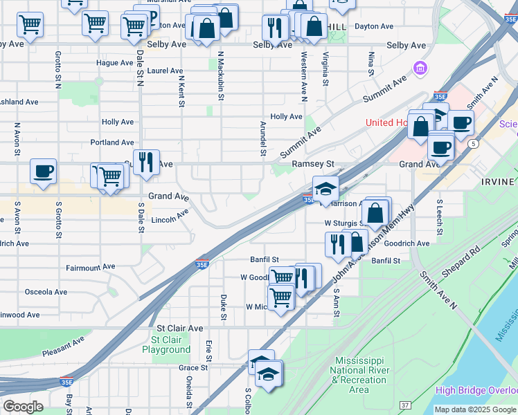 map of restaurants, bars, coffee shops, grocery stores, and more near 429 Grand Avenue in Saint Paul