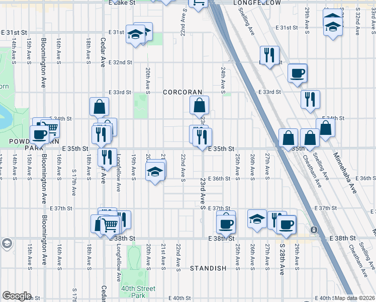 map of restaurants, bars, coffee shops, grocery stores, and more near 3441 22nd Avenue South in Minneapolis