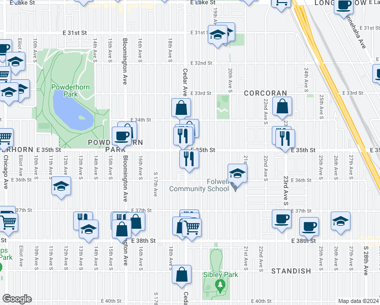 map of restaurants, bars, coffee shops, grocery stores, and more near in Minneapolis
