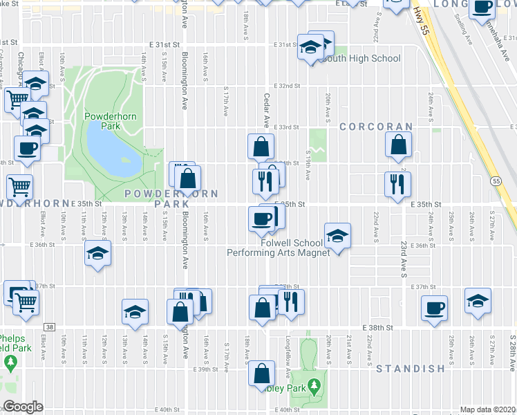 map of restaurants, bars, coffee shops, grocery stores, and more near 3442 Cedar Avenue in Minneapolis