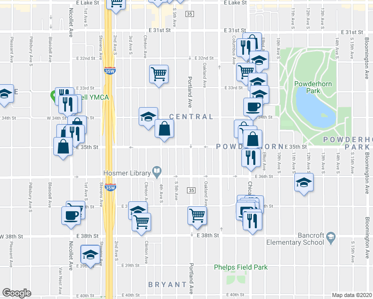 map of restaurants, bars, coffee shops, grocery stores, and more near 3441 South 5th Avenue in Minneapolis