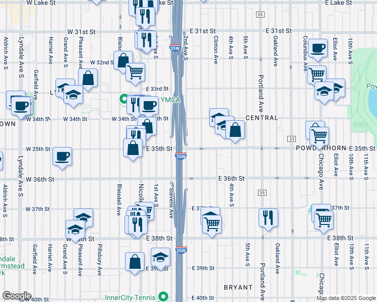 map of restaurants, bars, coffee shops, grocery stores, and more near 3445 2nd Avenue South in Minneapolis