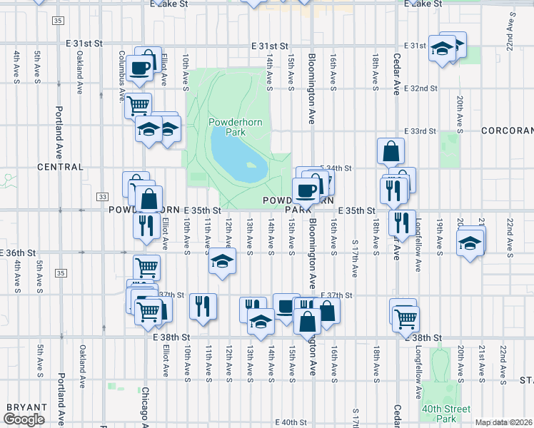 map of restaurants, bars, coffee shops, grocery stores, and more near 3502 14th Avenue South in Minneapolis