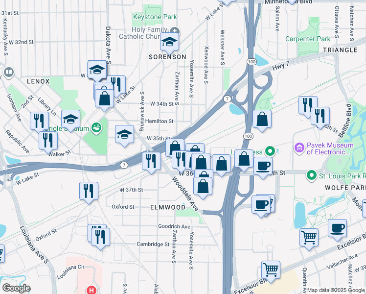 map of restaurants, bars, coffee shops, grocery stores, and more near 5855 Minnesota 7 Service Road in St. Louis Park