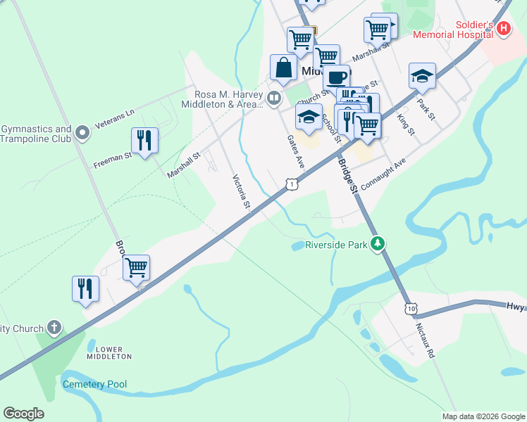 map of restaurants, bars, coffee shops, grocery stores, and more near 202 Main Street in Middleton