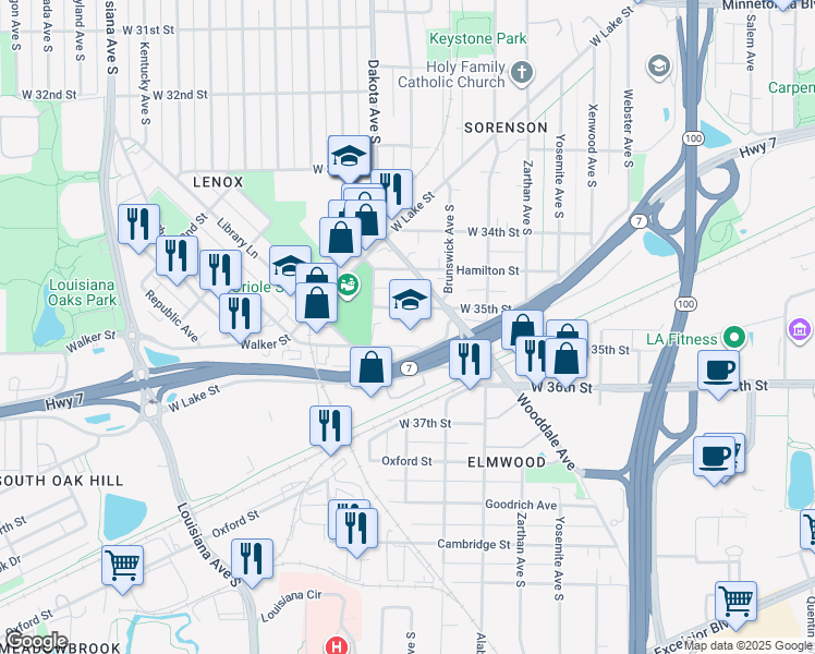 map of restaurants, bars, coffee shops, grocery stores, and more near 6300 Walker Street in Minneapolis