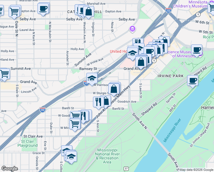 map of restaurants, bars, coffee shops, grocery stores, and more near 289 West Harrison Avenue in Saint Paul