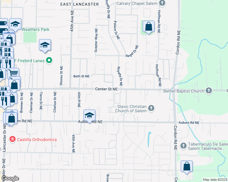 map of restaurants, bars, coffee shops, grocery stores, and more near 4743 Center Street Northeast in Salem