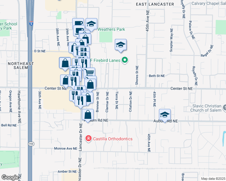 map of restaurants, bars, coffee shops, grocery stores, and more near 725 41st Place Northeast in Salem