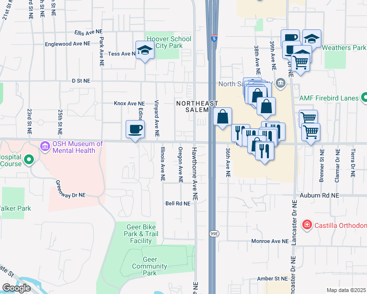 map of restaurants, bars, coffee shops, grocery stores, and more near 3385 Center Street Northeast in Salem