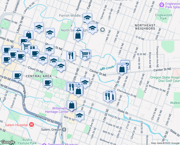 map of restaurants, bars, coffee shops, grocery stores, and more near 1313-1315 Center Street Northeast in Salem