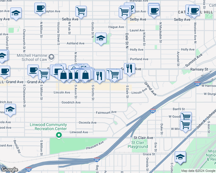 map of restaurants, bars, coffee shops, grocery stores, and more near in Saint Paul