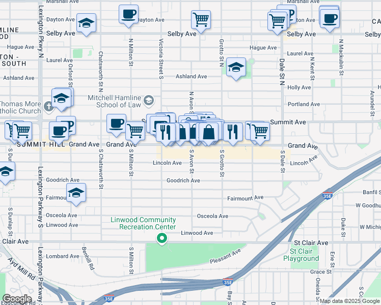 map of restaurants, bars, coffee shops, grocery stores, and more near 797 Grand Avenue in Saint Paul
