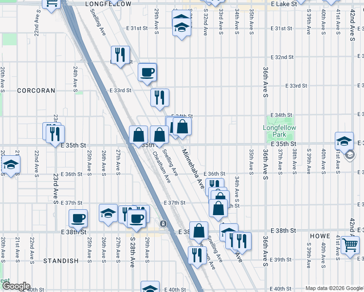 map of restaurants, bars, coffee shops, grocery stores, and more near 3457 Minnehaha Avenue in Minneapolis