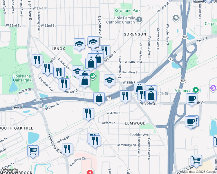 map of restaurants, bars, coffee shops, grocery stores, and more near 14 West 35th Street in St. Louis Park