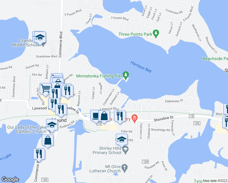 map of restaurants, bars, coffee shops, grocery stores, and more near 2138 Centerview Lane in Mound