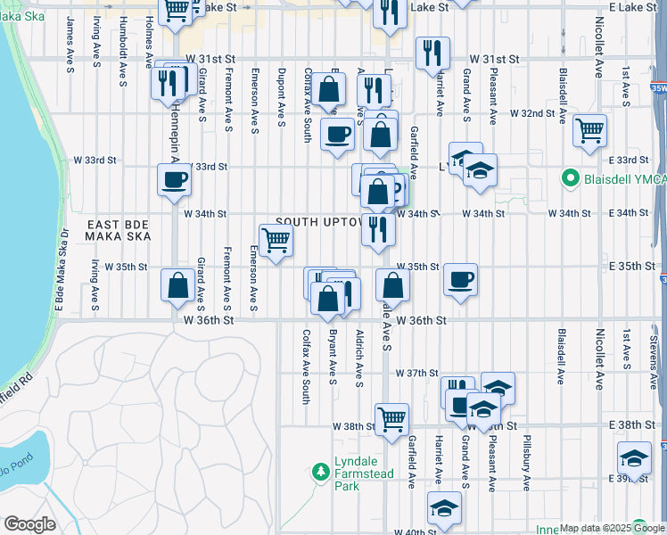 map of restaurants, bars, coffee shops, grocery stores, and more near Bryant Ave S & W 35th St in Minneapolis