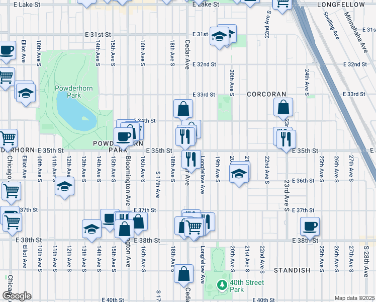 map of restaurants, bars, coffee shops, grocery stores, and more near Cedar Ave & E 35th St in Minneapolis