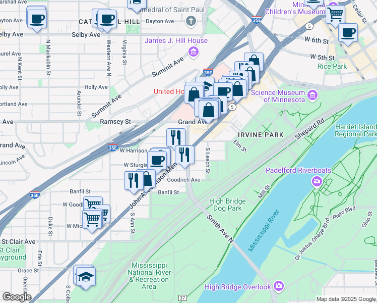 map of restaurants, bars, coffee shops, grocery stores, and more near Smith Avenue North in Saint Paul