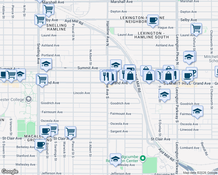 map of restaurants, bars, coffee shops, grocery stores, and more near 1326b Grand Avenue in Saint Paul