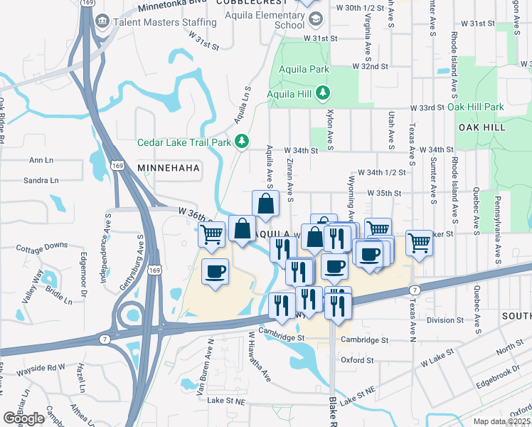 map of restaurants, bars, coffee shops, grocery stores, and more near 3520 Aquila Circle in St. Louis Park