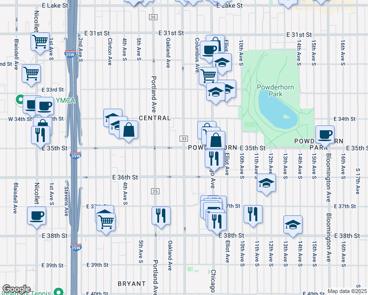 map of restaurants, bars, coffee shops, grocery stores, and more near Park Avenue South & East 35th Street in Minneapolis
