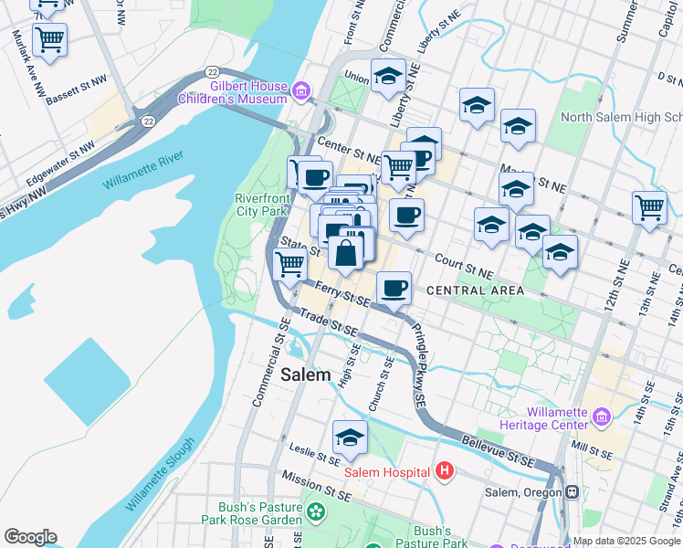 map of restaurants, bars, coffee shops, grocery stores, and more near 155 Liberty Street Southeast in Salem