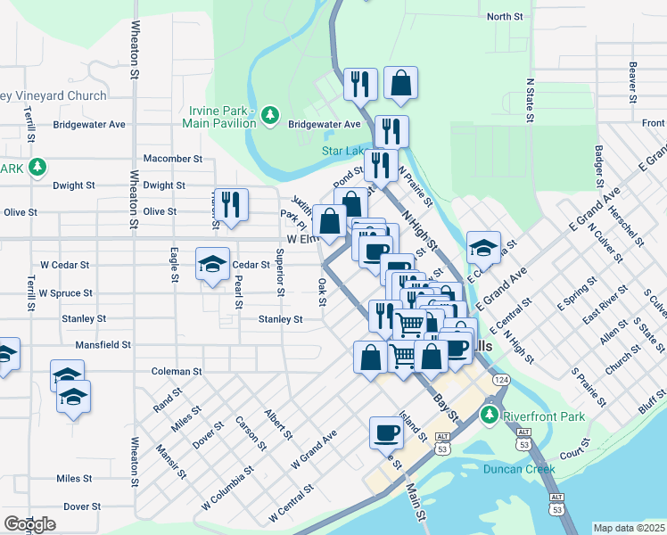 map of restaurants, bars, coffee shops, grocery stores, and more near 21 West Cedar Street in Chippewa Falls
