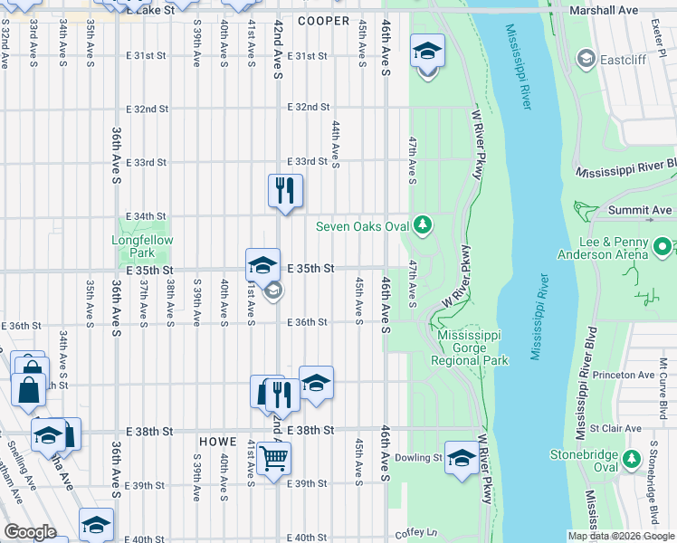map of restaurants, bars, coffee shops, grocery stores, and more near 3501 44th Avenue South in Minneapolis
