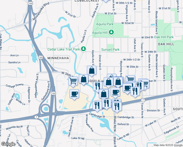 map of restaurants, bars, coffee shops, grocery stores, and more near 3528 Aquila Circle in St. Louis Park