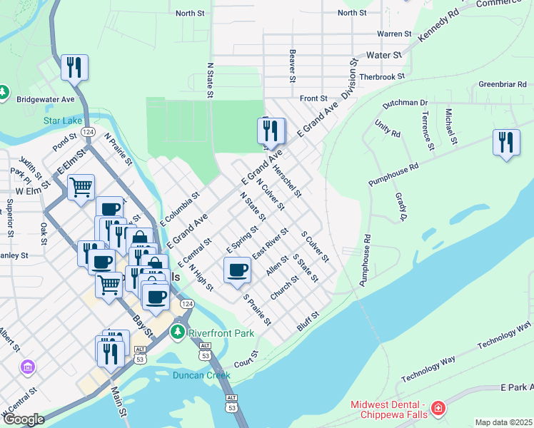 map of restaurants, bars, coffee shops, grocery stores, and more near 117 North State Street in Chippewa Falls