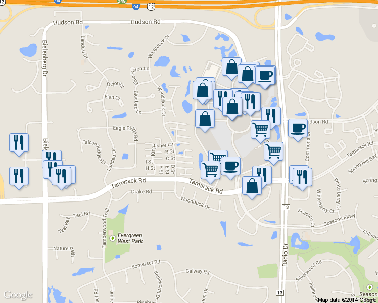map of restaurants, bars, coffee shops, grocery stores, and more near 631 Woodduck Drive in Woodbury